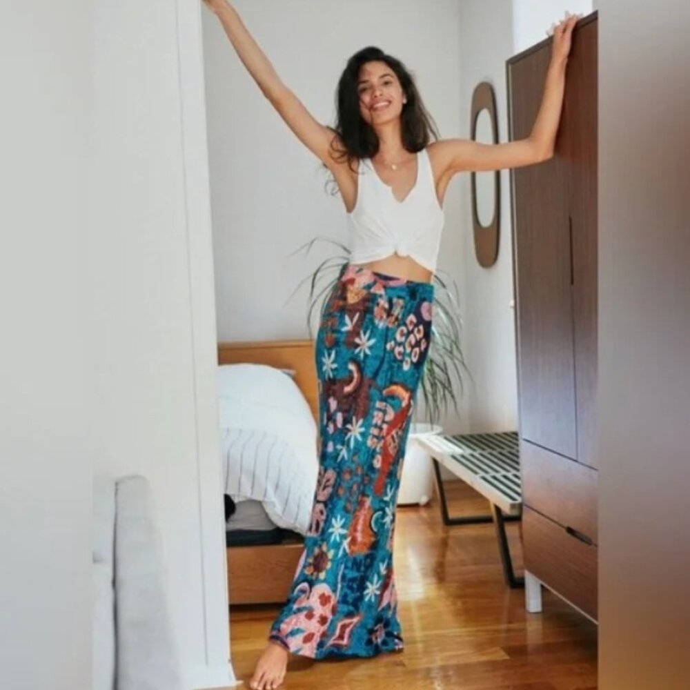 Anthropologie Farm Rio Gabriela Blue Toucan Knit Maxi Stretch Skirt